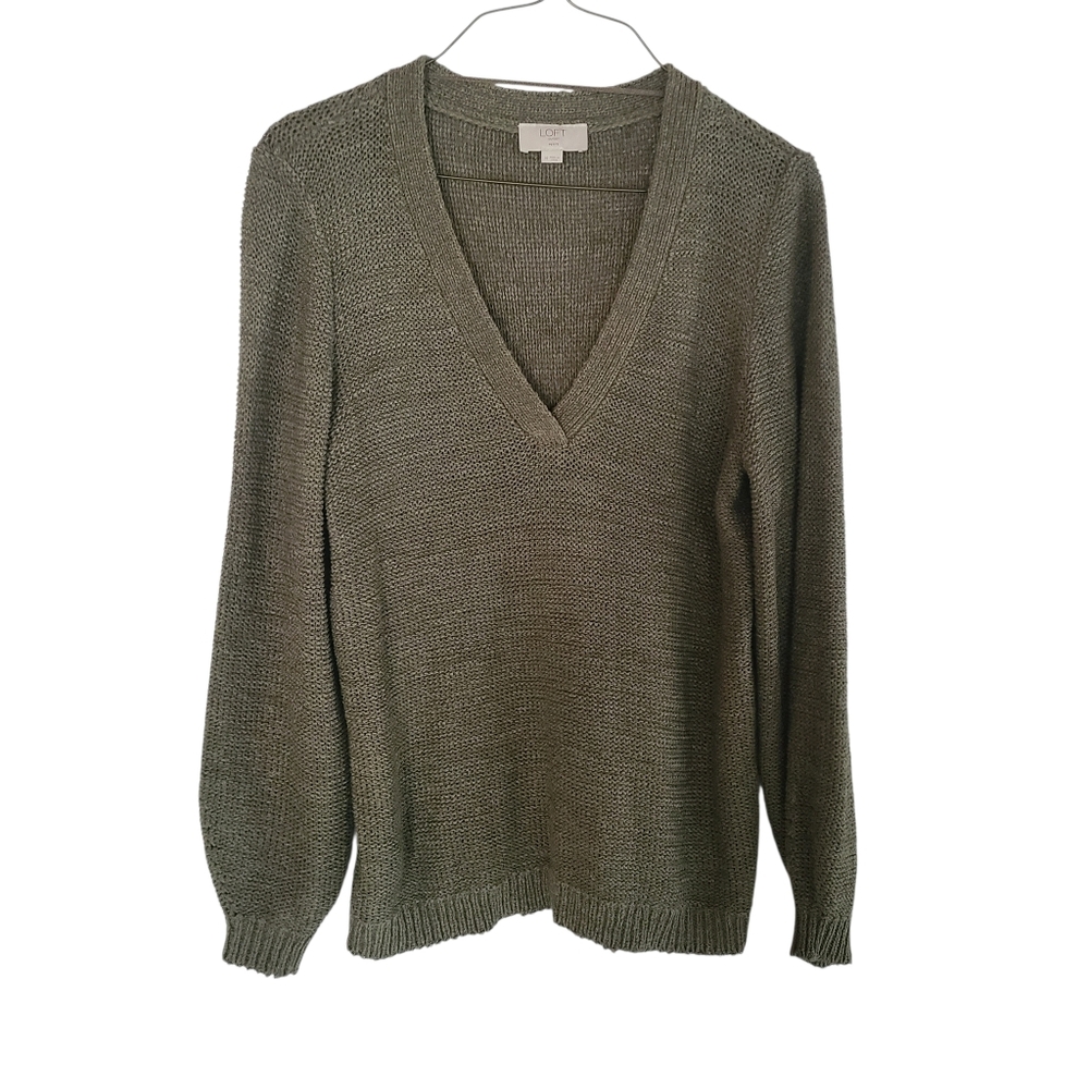LOFT V-Neck Olive Green Petite Knit Sweater Cottagecore Size Mp